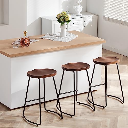 HeuGah Bar Stools Set of 3, Solid Wood Counter Height Bar Stools 26 Inch Barstool Chair for Kitchen...
