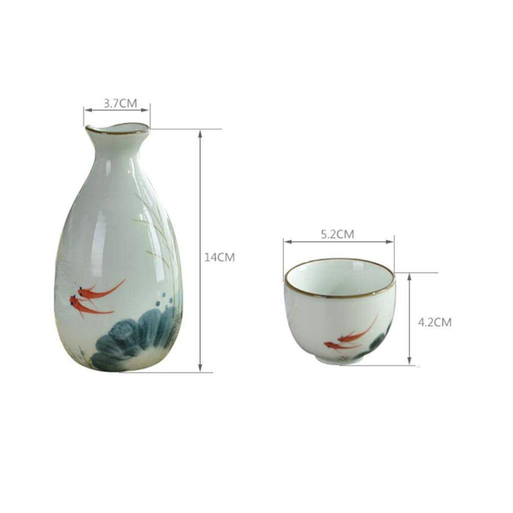 Service à saké Japonais, Tasse en céramique et Verre à vin Artisanal en Porcelaine Peinte à la Main, Lot de 5 (Poisson Rouge)