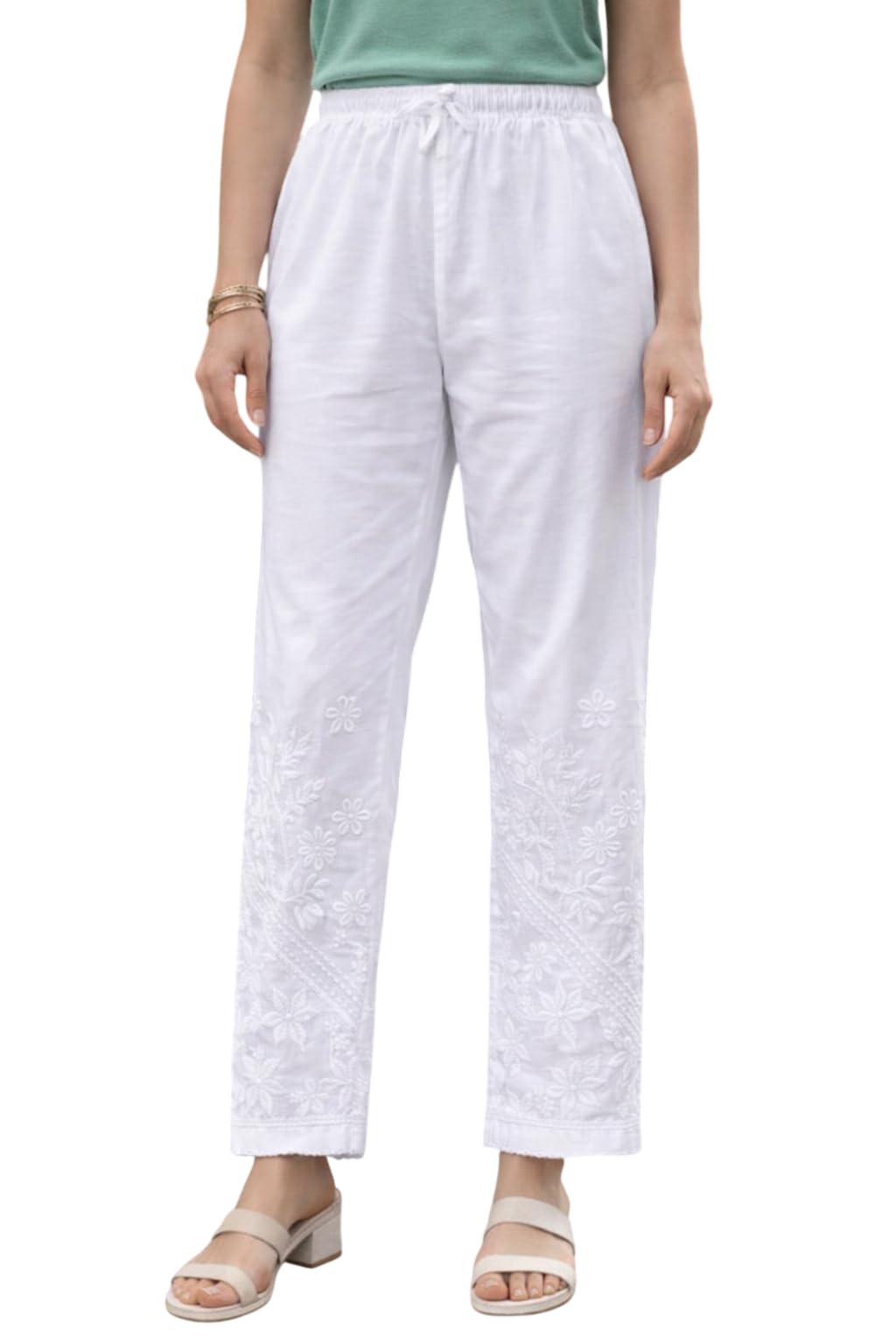 Women's White Cotton Chikankari Embroidered Straight Pants, Elastic Waist with Drawstring, Lace Hem-picture-45
