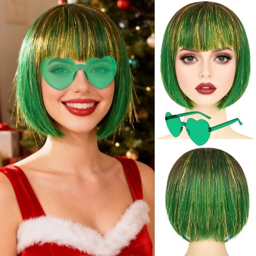 Image of PLULON Green-Red-Gold Bob Wig with Bangs for Women Men, Colorful Short Funny Bob Wigs with Heart Sunglasses and Hair Cap Colored Cosplay Hairpieces for Christmas Halloween Costume Neon Party