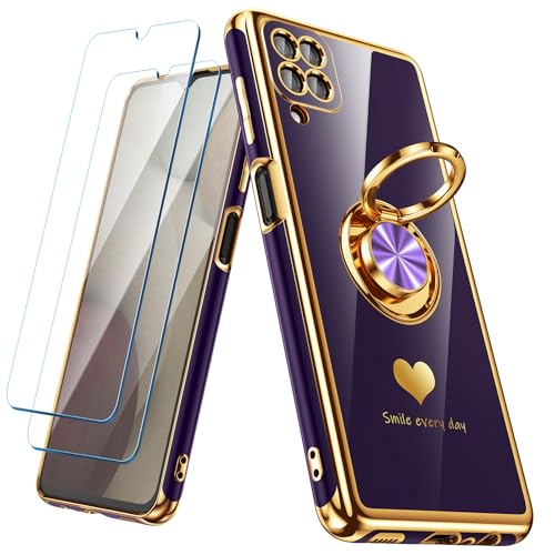 Nonional for Samsung Galaxy A12 Case with 2 Pack Screen Protector, 360° Rotatable Ring Holder [Luxury Hearts Pattern] Plating Gold Edge Slim Soft Phone Cover Case for Galaxy A12 - Purple