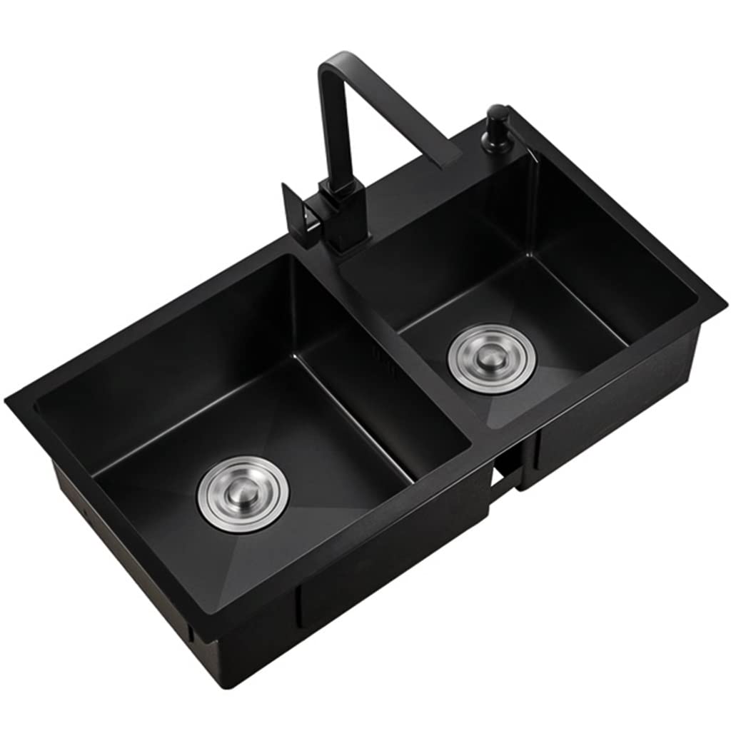 WIQUYBML Kitchen Sink, With Faucet Square Black Prep 304 Stainless Steel Brushed Single Drop-In Or Undermount Installation, Easy To Clean (Color : Black~A, Size 72x40cm)