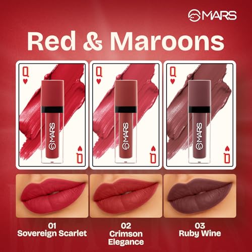 Image of MARS Queen of Mattes Liquid Lipsticks Box Set of 3 (13.5 ml) (REDS & MAROONS) | Smudgeproof & Transferproof | Intense Swipe Pigmentation | Long-Lasting Wear