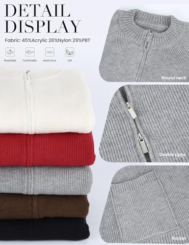 Yimoon Zip Up Cardigan for Women Fall Knit Cropped Sweater Raglan Sleeve Turtle Neckline Ribbed Cardigans with Pocket(Grey-XL)