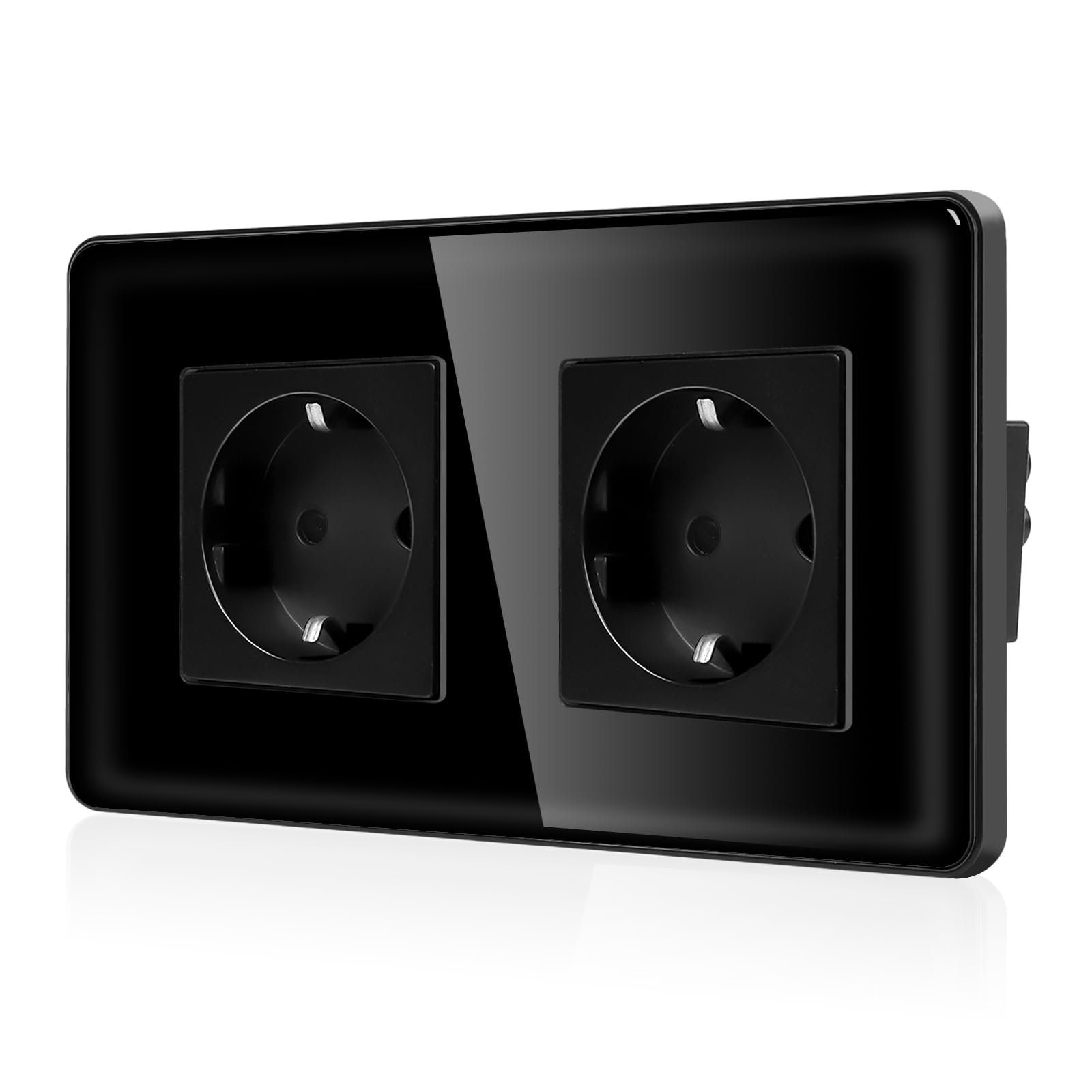 CNBINGO Doppelsteckdose Unterputz mit Curved Glasrahmen, 2-Fach Schwarz | Zweifach Schuko Steckdose mit 2,5D Curved Glas Platte, 16 Amp Schutzkontakt Wandsteckdose mit Kindersicherung