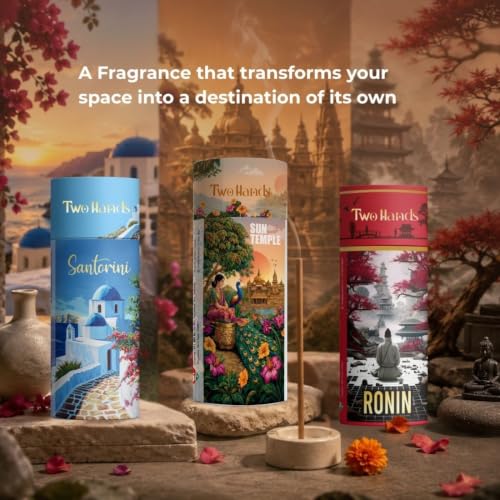 Image of Twohands Premium Bambooless Dhoop Sticks Combo Pack with Santorini, Ronin & Sun Temple fragrances. Charcoal-Free, Low-Smoke Sticks with Ceramic Stand for Pooja, Meditation, and Home Aroma