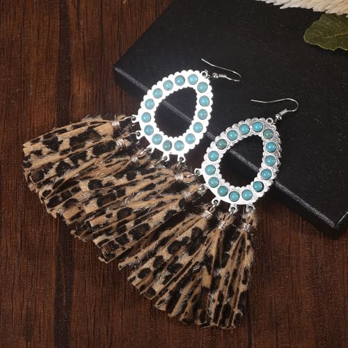 Long Bohemian Fringe Leather Earrrings Handmade Tassel Earrings with Turquoise Vintage Boho Long Dangle Earrings for Women rodeo jewelry3