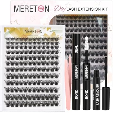 MERETON DIY Eye Lash Extension Kit,Cluster Eyelash Extension Kit,Individual Lashes Kit,Cluster Lashes with Lash Bond and Seal,Lash Glue Remover and Lash Applicator (MRT01 D Curl Mix 8-16mm) Cover