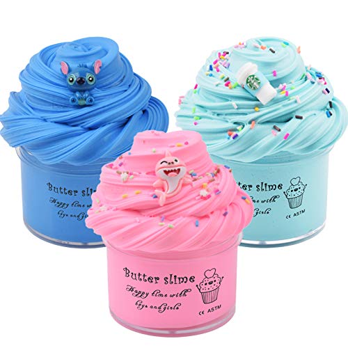Image of Tonlead 3 Pack Butter Slime Kit, Slime Pack With Shark Slime Latte Slime Stitch Slime, Soft Putty Non-Sticky Sludge Toys, Birthday Kids Party Favors For Girls Boys(100Ml Each*3)