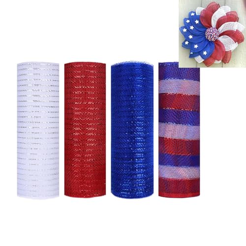 JStnana 4 Rolls 4th of July Deco Mesh for Wreath Making 10 Inch x 30 Feet Each Roll Metallic Foil Poly Mesh Ribbons Red Blue White Deco Mesh Crafts for Independence Day Patriotic Summer Wreath Swag