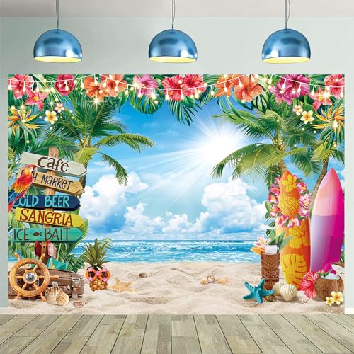 Summer Beach Backdrop 7x5FT Tropical Palm Leaves Surfboard Flower...