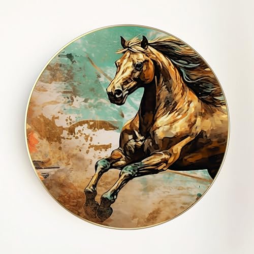 Image of PAINTINGMANTRA Abstract Golden Wild Running Horse Round Large Wall Art Painting for Living Room Decoration, Circular Gold Metal Finish Stylish Large Wall Art Print for Wall Decor (22x22 Inches)