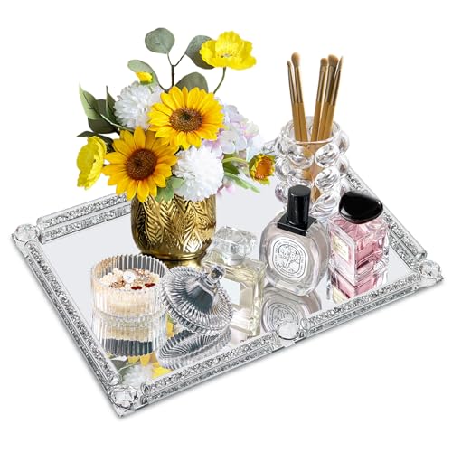 YCWF Large Mirror Perfume Tray for Dresser,Crushed Diamond Filled Glass Vanity Tray, Silver Decorative Bathroom Tray,Crystal Tray for Home Decorative,Party,Hotel Banquet,15.7x11.8x1.4inch