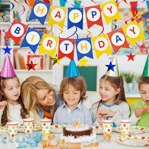 Image of BEISHIDA Red Blue Gold HAPPY BIRTHDAY Banner with 12pcs Red Blue Gold Stars Hanging Swirls Garland Party Decorations Sets for Birthday Party Supplies, Kids Girls Birthday Decorations