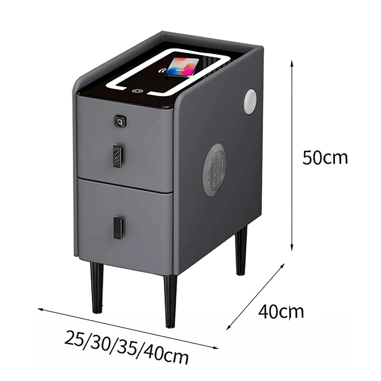 Bezprzewodowa szafka nocna z portem USB, głośnik Bluetooth, blokada odcisków palców, szafka nocna z 2 szufladami, do domu, sypialni, salonu