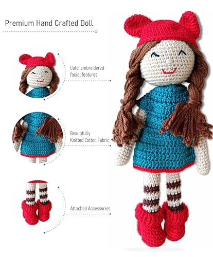 Image of Clapjoy Crochet Handmade Doll Toy with Removable Dress | Soft Cotton Knitted Doll for Girls | Pretend Play, Gift & Room Decor (Blue Dress Doll)