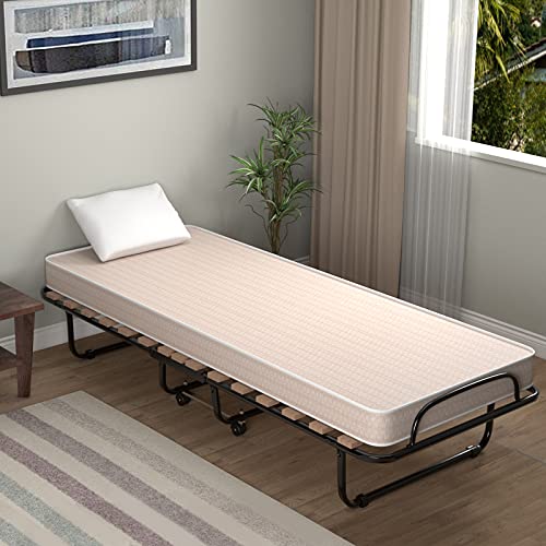 COSTWAY Brandina Pieghevole con Ruote Girevoli, con Materasso in Memory Foam, Lettino Pieghevole a Doghe 190x80 cm, Salvaspazio, Carico Massimo 130 kg (Beige)