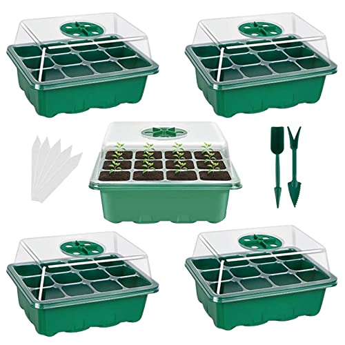 OPAHUTER Bandeja Germinar, 5 Piezas Bandejas de Inicio 60 Celdas Bandejas Semilleros Germinacion Planta de Bandeja con Tapas de Domo Ajustables a la Humedad Cover