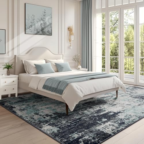Washable Area Rugs 6'x9' Non-Slip Modern Abstract Soft for Living Room Entryway Bedroom Nursery, Print Pattern, Blue Black Teal