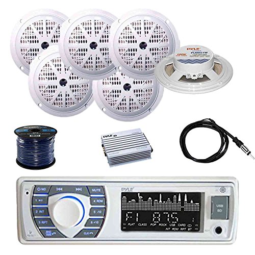 Pyle PLRMR23BTW Bluetooth Marine Receiver Stereo w/Pyle 100W 5.25'' 2-Way Marine Speakers(3-Pairs), Enrock Marine Antenna, Pyle 4-Channel 400W WP Marine Amplifier & Enrock Marine 50' 16G Speaker Wire