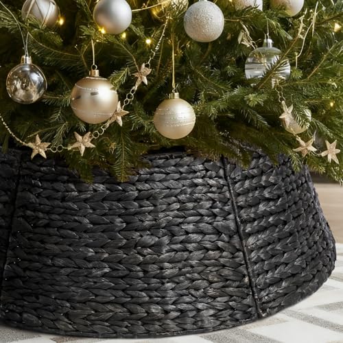 8-Piece Rattan Christmas Tree Collar - 42" Rustic Farmhouse Tree Skirt- Xmas Tree Base Cover for Christmas Decoration- Woven Holiday Tree Ring Accessory for Home, Living Room (Black, 42 in)