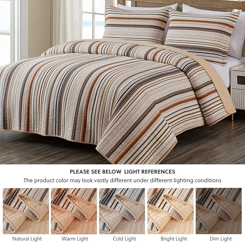 Image of Chezmoi Collection Avery Striped Cotton Quilt Set Queen Size, 3-Piece Soft Pre-Washed 100% Cotton Quilt, Multi-Color Brown