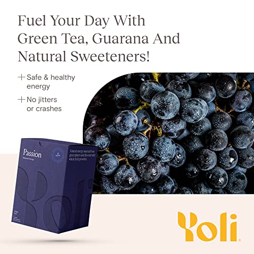 Image of Yoli Passion Energy Powder Mix, Grape Acai, Sugar-Free, 30 Packets Box | Sugar-free grape acai energy drink mix with green tea and guarana for endurance, stamina, and daily performance support.