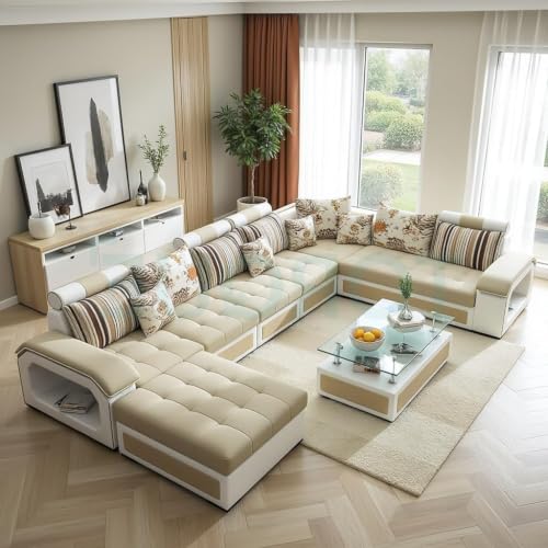 Image of Torque - Silvester 12 Seater U Shaped Sofa Set for Living Room (Left Side, Beige & White) | Large 12-Seater Couch Set with Cushion and Stool | Fabric Sofa for Hall Festival Gifts