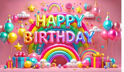 Image of Backdropon Balloon and Rainbow Themed Happy Birthday Design Backdrop for Birthday Decoration Traditional /Background Curtain Cloth for Party /Festival Size 5 Feet Height and 8 Feet Width(5 * 8)
