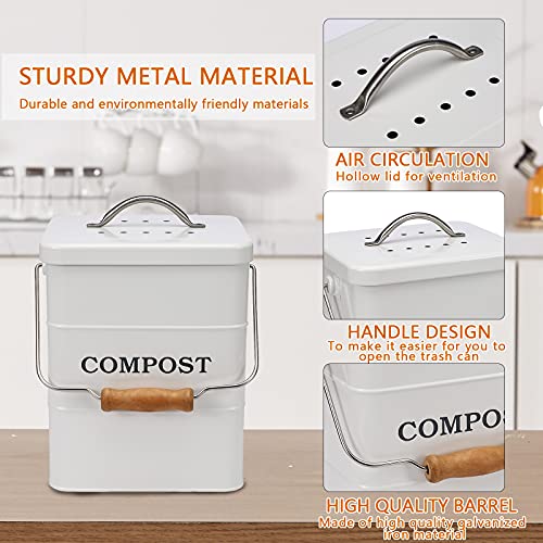 Komposteimer für die Küche, 6 l, mit wasserdichtem Deckel und Kohlefilter – Kompost-Mülleimer für die Küche aus Kohlenstoffstahl, geruchshemmend, kompakt, den Innenbereich, leicht zu reinigen, weiß