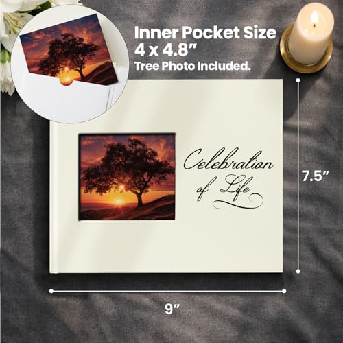 Image of Funeral Guest Book, Celebration of Life GuestBook with Photo Slot | 330 Entries, Table Sign Card Included, Gold Stamping, Twill-Textured Paper Cover, in Loving Memory Keepsake, 9x7.5 inch, Beige