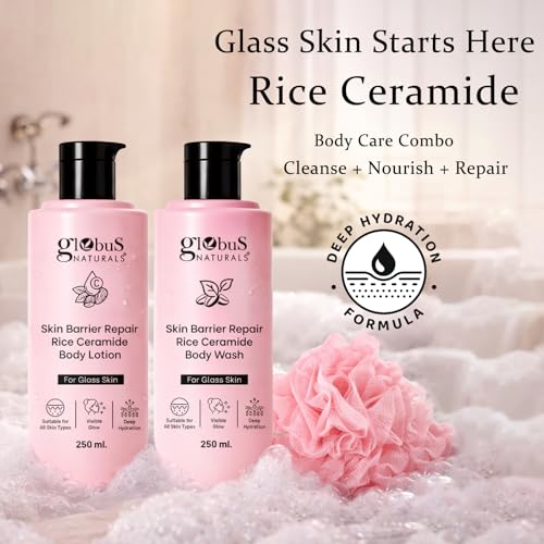Image of Globus Naturals Rice Ceramide Body Care Combo for Glass Skin | Body Wash + Body Lotion + Loofah | Deep Hydration, Barrier Repair & Brightening Glow | Rice Body Care | Soft, Smooth & Radiant Skin | Daily Use for Men & Women | All Skin Types