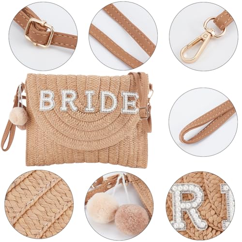 Image of GORGECFAFT Bride Straw Shoulder Bag Woven Clutch Bag Summer Beach Crossbody Handbags with Two Balls Woven Rhinestone Wedding Vacation Purse Honeymoon Bridal Shower Gift for Bride Party Honeymoon