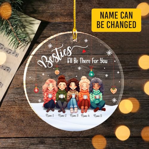 Besties I’ll Be There for You Clear Plastic Ornaments, Christmas Decorations Personalized Name Five Girls Wear Sweater with Hot Chocolate Cup Acrylic Ornaments, Gifts for Sister Friends Siblings2