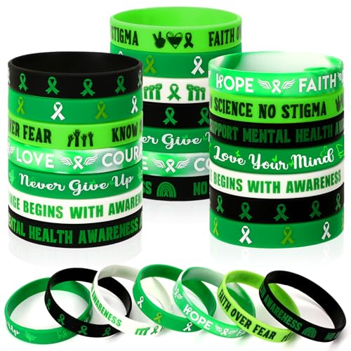 JUNEBRUSHS 42pcs Mental Health Awareness Silicone Wristband Bulk Green Ribbon Inspirational Rubber Bracelets for Mental Health Awareness Faith Courage Hope Party Favor Gift Supplies(7 Style)