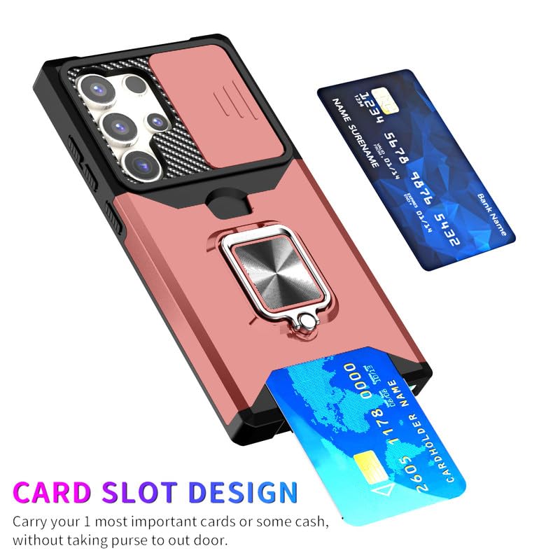 Image of LuxuryKase Shockproof Armor Case for Samsung Galaxy S25 Ultra | Slide Camera Cover | Hidden Card Slot | Rotating Ring Kickstand | Magnetic Car Mount Support | Military Grade Protection - Rose Gold