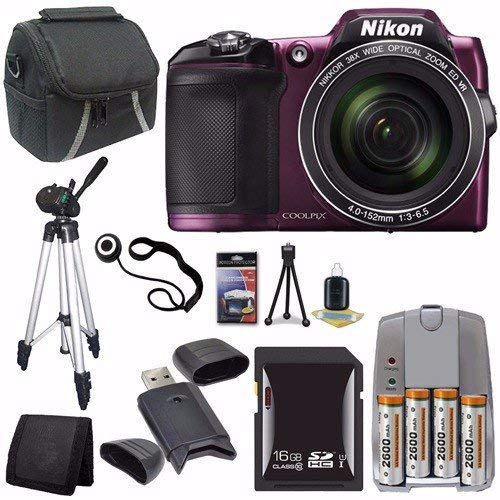 Nikon COOLPIX L840 Digital Camera (Purple) - International Version (No Warranty) + 4 AA Pack NiMH Rechargeable Batteries and Charger + 16GB SDHC Card + Case + Tripod Saver Bundle