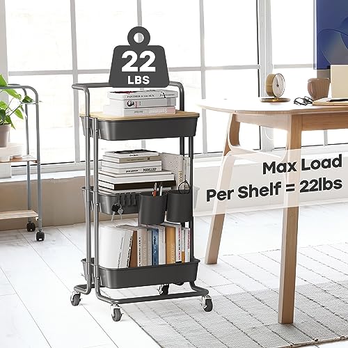 Image of DTK 3 Tier Rolling Cart Uility Cart with Cover Board, Mobile Storage Cart with Wheels, Cups, Hooks for Office Utility Kitchen Bathroom Homeschool Art Craft Postpartum Teacher Cart Organizer(Black)