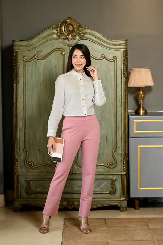Image of Mlada Straight Fit Cigarette Pencil Pants Elastic Waist Band Mid High Waist Formal Office Trousers for Women, Pockets for Travel Stretch Cotton Knit Full Length Regular /Plus Size
