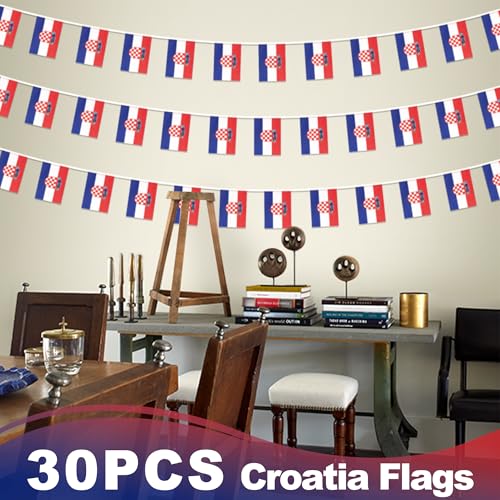 Image of Croatia String Flag Pennant Banner, Small Mini Croatian Flags Bunting Banner, National Country Decoration for School, Party, Sports Events, Patriotic Festival, 33 Feet 30 Flags