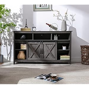 Farmhouse Coffee Bar Cabinet, Rustic Sliding Barn Door Storage Cabinet with Power Outlet, Buffet Server Sideboard Cupboard Table for Dining Room Entryway Kitchen (Wash Grey) Farmhouse Coffee Bar Cabinet Rustic Sliding Barn Door Storage Cabinet with Power Outlet Buffet Server Sideboard Cupboard Table for Dining Room Entryway Kitchen Wash Grey