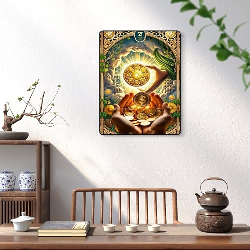 Image of SAF Golden Wealth Flow Wall Art | Hand Holding Coins with Divine Blessings in Black Frame Sparkle Lamination | Abundance Attraction Painting for Home Office Business (14 Inch x 11 Inch) K-36115