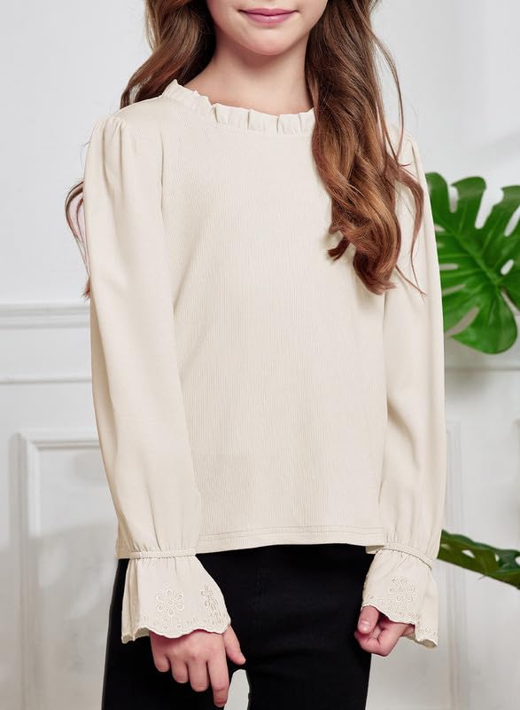 Cute Shirts for Girls Ruffle Long Sleeve Crewneck Ribbed Knit Blouses Tops 6-15 Years2