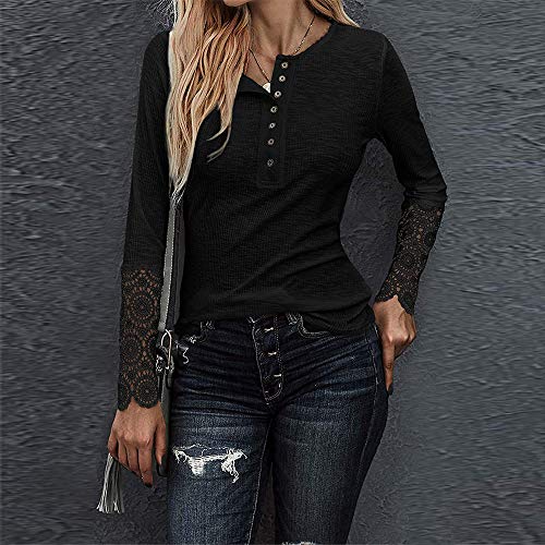 iMixCity-Camicia-Henley-a-Manica-Lunga-da-Donna-Elegante-Scollo-a-V-Camicetta-Top-a-Tunica-con-T-Shirt-in-Pizzo-Patchwork-Casuale-Camicia-con-Bottoni