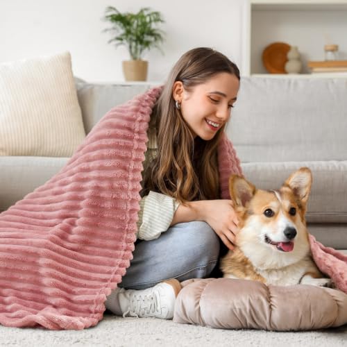 Image of BEDELITE 3D Ribbed Jacquard Pink Fleece Twin Blanket for Couch, 60x80 Inch