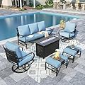 Sophia & William Patio Furniture Sets for 7 with 45" Gas Fire Pit Table Outdoor Conversation Sets 6 Pcs, 2 x Swivel Cushioned Sofa Chairs, 1x3-Seat Sofa, 2xOttomans for Backyard Poolside Blue