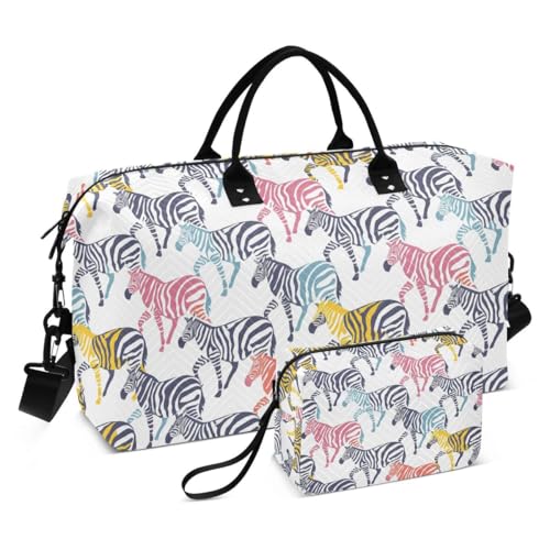 Colored Animal Zebra Travel Duffle Bag Gym Bag Weekender Bags with Toiletry Bag Travel Trip Tote Bag