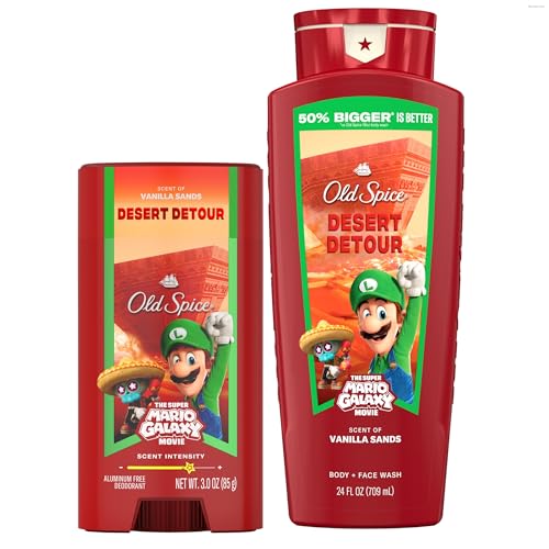 Image of Old Spice X Super Mario, Desert Detour with Vanilla Sands Scent, Aluminum Free Deodorant + Body & Face Wash Bundle for Men, Smell Super with 24 /7 Lasting Freshness & 24 /7 Shower Clean (Pack of 2)