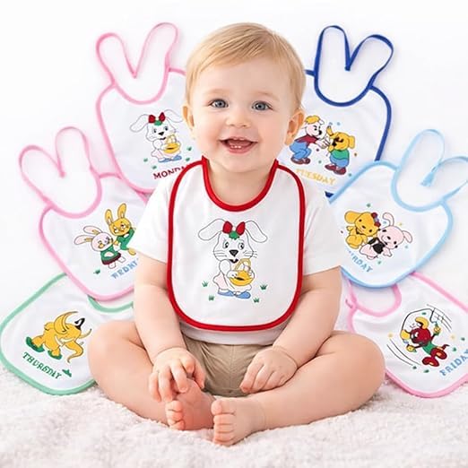 7 Pcs Baby Bib Set 0-24 Months Soft Cotton Newborn Feeding Bibs, Reusable, Waterproof, Tie Knot Closure, Weekly Cartoon Design-image-5