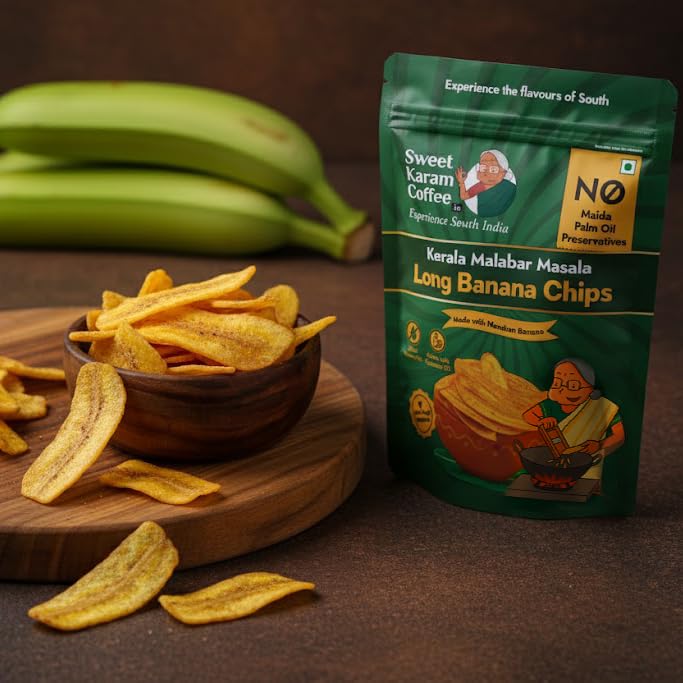 Image of Sweet Karam Coffee Kerala Malabar Masala Long Banana Chips - 95g | No Palm Oil or Preservatives | Made with 100% Coconut Oil | Zero Trans Fat | Thin, Crunchy & Spicy Tea-Time Namkeen